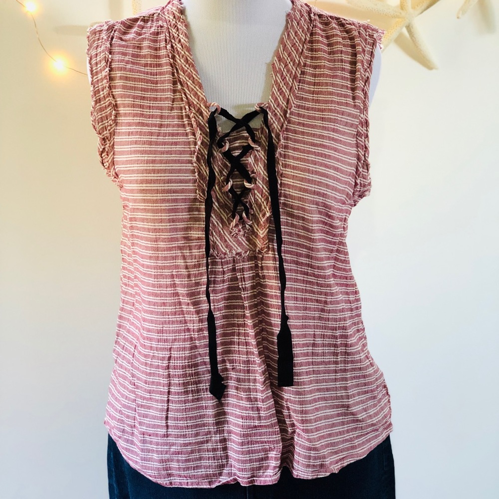 William Rast LaceUp Burgundy Stripe Sleeveless Top